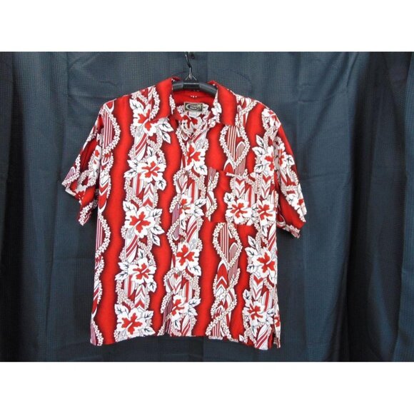 Tiki Palm Rayon Red White Hawaiian Camp Shirt XL Surf Board Lei Button Front - Picture 9 of 9